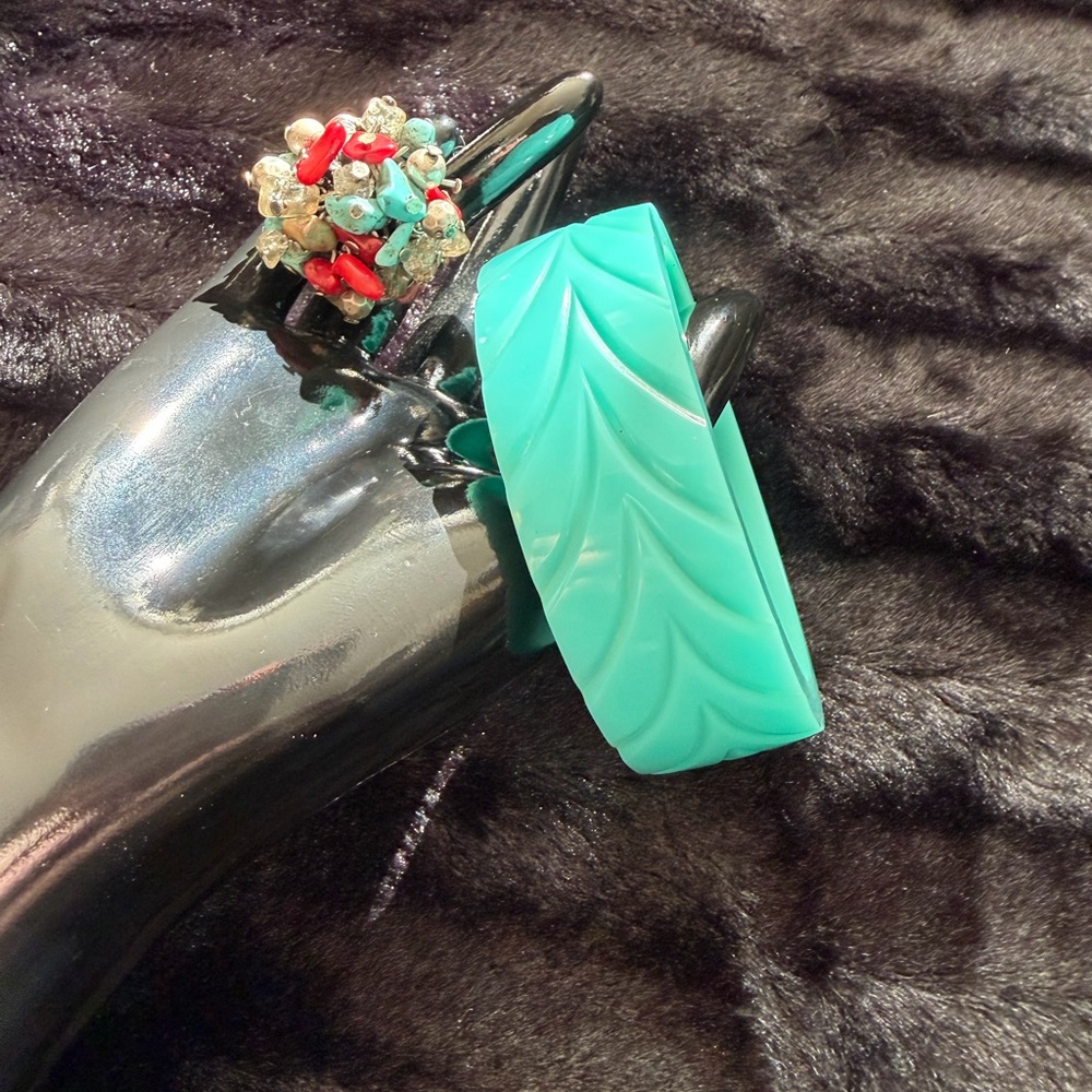 Teal Carved Bangle Bracelet with Vintage Turquoise? & Coral? Stretch Ring